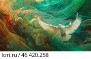 Serene Dove amidst the Turbulent Dance of Earth and Sky. Стоковое AI-изображение, AI-художник Konstantin Plotnikov / Фотобанк Лори