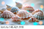Colorful seashells scattered on sandy beach with soft bokeh lighting in the background during a bright day. Стоковое AI-изображение, AI-художник Сергей Толмачёв / Фотобанк Лори