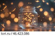 Magical evening with fireflies dancing around a glowing jar in a serene outdoor setting. Стоковое AI-изображение, AI-художник Сергей Толмачёв / Фотобанк Лори