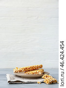 Plate with crispy rice bars on table. Стоковое фото, фотограф Pixel_shot / Фотобанк Лори
