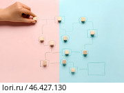 Woman with cubes and drawn flowchart on color background. Стоковое фото, фотограф Pixel_shot / Фотобанк Лори