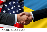 Peace Talks between the USA and Ukraine.The concept. Handshake on the background of flags. Стоковое AI-изображение, AI-художник Александр Поташев / Фотобанк Лори
