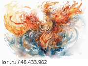 A fabulous phoenix, made in watercolor technique. Its silhouette is filled with dynamics, and its feathers seem to dissolve in the air, mixing with fiery and watery shades. The main colors are rich orange, red and yellow tones, symbolizing fire, as well as cold blue and light blue shades, creating a contrast and a sense of balance between the elements. The phoenix's gaze is wise and calm, which emphasizes its mythical nature. The painting conveys a sense of rebirth, strength and magic. Стоковое AI-изображение, AI-художник Анна Кривицкая / Фотобанк Лори