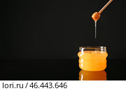 Баночка и ковш с вкусным медом на темном фоне. Стоковое фото, фотограф Pixel_shot / Фотобанк Лори