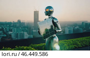 Artificial intelligence. Modern cybernetic robot man touching modern solar battery outside checking energy. Cyborg working online on station. Futuristic engineer working online for humanity future. Стоковое AI-видео, аниматор ALLA YURTAYEVA / Фотобанк Лори