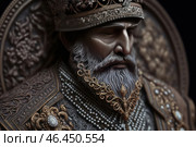 A majestic ruler in luxurious robes, made in dark tones with golden patterns. He wears a heavy crown, decorated with precious stones and complex metal elements. The man's face expresses wisdom, severity and strength, his thick beard is neatly styled, and deep wrinkles emphasize mature age and experience.His clothes are richly decorated with embroidery, pearl threads and exquisite metal details. Around his neck is a massive golden decoration with ornaments, reminiscent of elements of medieval art. The background contains bas-relief elements, creating a sense of imperial importance and symbolism.The image is filled with a sense of power, tradition and grandeur, as if it came from the pages of history about the great rulers of the past. Стоковое AI-изображение, AI-художник Анна Кривицкая / Фотобанк Лори
