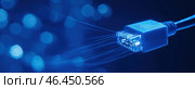 Network cable with RJ-45 connector used for wired connection to the Internet. The visual effect creates a sense of data transfer: glowing threads diverge from the cable, symbolizing digital communication, Internet speed and information transfer.The background of the image is made in deep blue color with a bokeh effect, creating a technological and futuristic style. This visual technique emphasizes the importance and power of modern network technologies, such as fiber optic communication, the Internet of Things and digital communications. Стоковое AI-изображение, AI-художник Анна Кривицкая / Фотобанк Лори