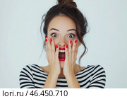 Женщина с красными ногтями и в полосатой рубашке. Стоковое AI-изображение, AI-художник Ярославский Максим / Фотобанк Лори