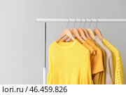 Стойка с одеждой после химчистки на светлом фоне. Стоковое фото, фотограф Pixel_shot / Фотобанк Лори