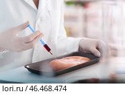 Ученый с шприцем изучения образца мяса в лаборатории, крупным планом. Стоковое фото, фотограф Pixel_shot / Фотобанк Лори