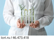 Лаборант держит пробирки с растениями на цветном фоне, близком расстоянии. Стоковое фото, фотограф Pixel_shot / Фотобанк Лори