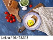 Вкусный бутерброд с флорентийским яйцом на цветном фоне. Стоковое фото, фотограф Pixel_shot / Фотобанк Лори