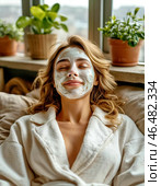 Spa treatments for the face, peeling face mask, skin care. Young woman with cream mask on her face. Close-up. Стоковое AI-изображение, AI-художник Сергей Елизарьев / Фотобанк Лори