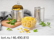 Миска с кукурузными зернами, консервными банками, ложкой и петрушкой на белом столе. Стоковое фото, фотограф Pixel_shot / Фотобанк Лори