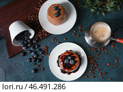 Тарелки с вкусным шоколадным пудингом, перевернутая чашка с черникой, кофейные зерна и капучино в джезве на столе. Стоковое фото, фотограф Pixel_shot / Фотобанк Лори