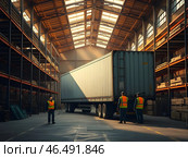 Industrial chic warehouse interior with a loaded tractor-trailer, busy workers in high-visibility vests and steel shelving racks stretching towards the ceiling, capturing the essence of modern logistics. Стоковое AI-изображение, AI-художник Iva Noel / Фотобанк Лори