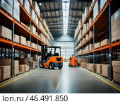 A modern warehouse interior with a loader at its center and towering storage racks lined with crates and boxes. Стоковое AI-изображение, AI-художник Iva Noel / Фотобанк Лори