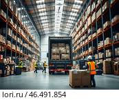 Modern warehouse interior with a loaded truck at its center, workers in high-visibility vests and hard hats. Стоковое AI-изображение, AI-художник Iva Noel / Фотобанк Лори