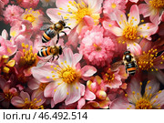 Bees pollinate flowers and collecting nectar from colorful flowers in a garden. Стоковое AI-изображение, AI-художник Виктория Тельминова / Фотобанк Лори