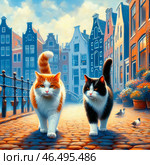 Рыжий кот и черный кот на брусчатой мостовой в городе. A ginger cat and a black cat on a cobblestone street in the city. Стоковое AI-изображение, AI-художник Igor Murashko / Фотобанк Лори