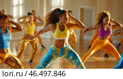 Female dancers are exercising zumba steps in gym. Стоковое AI-изображение, AI-художник Юрий Поздников / Фотобанк Лори