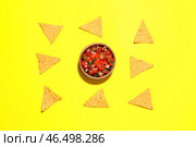 Чаша вкусной сальсы Пико де Галло и начос на цветном фоне. Стоковое фото, фотограф Pixel_shot / Фотобанк Лори