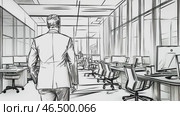 Businessman walking through modern office in animated sketch style. Стоковое AI-видео, аниматор Юрий Поздников / Фотобанк Лори