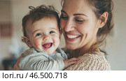 Happy mother holding and embracing her smiling baby. Стоковое AI-видео, аниматор Юрий Поздников / Фотобанк Лори