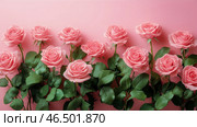 Beautiful Pink Roses Glisten With Dew in a Serene Garden Setting at Dawn. Стоковое AI-изображение, AI-художник Юлия Гапеенко / Фотобанк Лори
