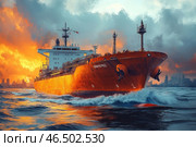 A massive cargo tanker ploughing through the sea against the backdrop of a mesmerising sunset. The vessel is painted in a rich orange-red colour, which emphasises its power and significance. The sea waves hit the hull of the ship, creating a sense of dynamism and movement. In the distance, the silhouette of a modern metropolis can be seen, which gives the picture a contrast between the elements and technological progress. The sky is filled with golden-fiery hues, creating a dramatic and epic atmosphere. Стоковое AI-изображение, AI-художник Анна Кривицкая / Фотобанк Лори