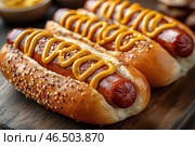 Delicious hot dogs served on a wooden board. The sausages are fried until golden brown and placed in soft buns sprinkled with sesame and other seeds. The top of the sausages is covered with wavy lines of bright mustard, giving the dish additional aroma and flavor. The background is slightly blurred, which emphasizes the focus on the details and texture of the food. The overall look evokes associations with street food, picnics and American cuisine. Стоковое AI-изображение, AI-художник Анна Кривицкая / Фотобанк Лори