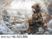 A girl in a winter fantasy landscape reminiscent of fairy tale illustrations. She is dressed in a richly decorated dress with patterns, fur trim and metallic elements, which gives her image a touch of aristocracy. Her long, curly hair flutters in the wind, emphasizing the feeling of magic and grace.The surrounding scene is filled with details: snow-covered trees, bushes with dry orange plants, a small town in the distance and animals - a fluffy white cat and a graceful weasel. The image is framed in a decorative frame with gold patterns, adding an art nouveau effect. The soft color scheme with a predominance of cold shades of snow and silver highlights creates a feeling of peace and mystery. Стоковое AI-изображение, AI-художник Анна Кривицкая / Фотобанк Лори