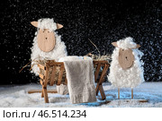 Игрушечное овечка и деревянный ясли с манекеном младенца на снегу на черном фоне. Концепция рождественской истории. Стоковое фото, фотограф Pixel_shot / Фотобанк Лори