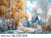 A picturesque autumn-winter landscape in the style of painting or digital illustration. Slender white-trunked birches stand in the foreground, their leaves have partially retained a warm golden-orange hue, creating a contrast with the snow-covered ground. The road, winding, goes deep into the picture, leading to a cozy wooden house with carved platbands, which is hidden among the trees.The background is presented in soft blue and white shades, depicting the sky with fluffy clouds and frosty trees covered with hoarfrost. The picture conveys the atmosphere of the transitional period between autumn and winter, when the first frosts cover nature with light hoarfrost, but the warm colors of autumn still remain. Стоковое AI-изображение, AI-художник Анна Кривицкая / Фотобанк Лори