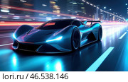 Futuristic car is driving down a road with a bright blue color. Стоковое AI-изображение, AI-художник Sergey Grishin / Фотобанк Лори