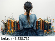 A girl sitting with her back to the viewer, surrounded by old books. She is dressed in a modest vintage dress in blue and gray tones, and her hair is braided in a casual braid. The books are arranged in a semicircle, their worn leather bindings and gold lettering create the feeling of an old library. Flowers and herbs are breaking through among the books, which gives the picture a natural and romantic mood. The painting is done in a watercolor style, with soft shades and smooth transitions. Стоковое AI-изображение, AI-художник Анна Кривицкая / Фотобанк Лори