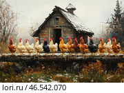Rural scene: a group of chickens sit on a wooden fence in front of an old wooden chicken coop with a sloping roof covered with light snow. Chickens of different colors - white, black, red - are arranged in a row, as if waiting for something. The atmosphere is autumn-winter: there are remnants of snow around, the grass and leaves have yellow-brown shades, and the sky is covered with a light fog. The painting is done in a picturesque oil style with expressive brushstrokes emphasizing the textures of wood, feathers and snow. Стоковое AI-изображение, AI-художник Анна Кривицкая / Фотобанк Лори