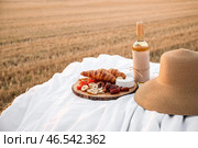 Пикник с вкусной закуской и вином на стоге сена на убранном поле. Стоковое фото, фотограф Pixel_shot / Фотобанк Лори