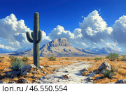 A picturesque desert landscape with a tall saguaro cactus in the foreground. A path of rock and sand leads into the scene, to a mass of rocks and mountains illuminated by soft light. The hot, dry climate is emphasized by the yellowish-brown vegetation and sparse bushes.The sky is a rich blue, with large white clouds floating across it, creating a sense of spaciousness and serenity. The painting is done in a traditional painterly style, with distinct brushstrokes emphasizing the texture of the earth, plants, and clouds.The overall style is reminiscent of Western American landscapes such as Arizona, Texas, or Mexico, and conveys an atmosphere of wild west and adventure. Стоковое AI-изображение, AI-художник Анна Кривицкая / Фотобанк Лори