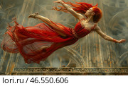 A graceful woman with bright red hair, floating in the air in elegant movement. She is dressed in a flowing red dress that flutters, creating an effect of lightness and drama. Her pose resembles a ballet jump or a moment of weightlessness, while her facial expression is filled with concentration and grace. The background resembles majestic Gothic architecture, with tall columns and carved patterns, creating an atmosphere of mystery and epicness. The overall color balance emphasizes the contrast between the warm red dress and the cool, grayish tones of the surrounding space. Стоковое AI-изображение, AI-художник Анна Кривицкая / Фотобанк Лори