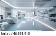 A futuristic office with an ultra-modern design. The space is decorated in a minimalist style with a predominance of white and silver shades. High-tech workstations are equipped with stylish tables with curved shapes, laptops and screens. The interior is complemented by glass partitions, built-in LED lighting and smooth reflective surfaces. The room is clean and tidy, creating the impression of a high-tech future. Стоковое AI-изображение, AI-художник Анна Кривицкая / Фотобанк Лори