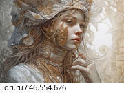 A mysterious woman in a luxurious outfit reminiscent of a mixture of historical and fantasy styles. Her face is decorated with complex patterns and elements similar to jewelry or mechanical parts, which creates the impression of a combination of antiquity and steampunk.The headdress consists of lace, metal ornaments and fabric details that create a sense of sophistication and grandeur. The background is made in soft beige and gold shades with intricate patterns, emphasizing the detail of the composition and creating a fairy-tale effect.The image of the woman can be interpreted as a symbol of aristocracy, mysticism and art, uniting eras and styles. Стоковое AI-изображение, AI-художник Анна Кривицкая / Фотобанк Лори