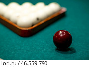 Russian billiards. Red and white balls are lying on a green billiard table. Spending time at home playing a hobby sports game. Стоковое фото, фотограф Photojuli / Фотобанк Лори