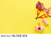 Диспенсер, мешки для отходов домашних животных, игрушки и кусачки для ногтей на желтом фоне. Стоковое фото, фотограф Pixel_shot / Фотобанк Лори