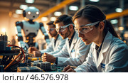 Engineers work on robotic systems in a modern laboratory during a collaborative project. Стоковое AI-изображение, AI-художник Сергей Толмачёв / Фотобанк Лори