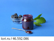 Баночка вкусного ежевичного варенья на цветном фоне. Стоковое фото, фотограф Pixel_shot / Фотобанк Лори
