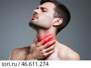 Thyroid cancer, gland inflammation, man with pain in neck, sore throat and cough. Стоковое AI-изображение, AI-художник Станислав Тарко / Фотобанк Лори
