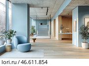 A modern interior, designed in a minimalist Scandinavian style with loft elements. The space is filled with natural light coming through panoramic windows. The main shades are muted blue, natural wood and beige tones, creating an atmosphere of coziness and tranquility. The central place is occupied by a soft blue chair against the background of a wooden floor. The interior also has a glass partition with steps leading to the second level, and an office corner with a laconic desk. The decor is complemented by green plants, giving life and harmony to the space. Стоковое AI-изображение, AI-художник Анна Кривицкая / Фотобанк Лори