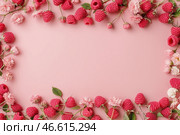 Свежая малина на розовом фоне — яркая летняя рамка для текста. Стоковое AI-изображение, AI-художник Anna Leeva / Фотобанк Лори