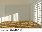 Sunlit minimalist empty room with wooden flooring and large windows. Стоковое AI-изображение, AI-художник Zakharova Natasha / Фотобанк Лори